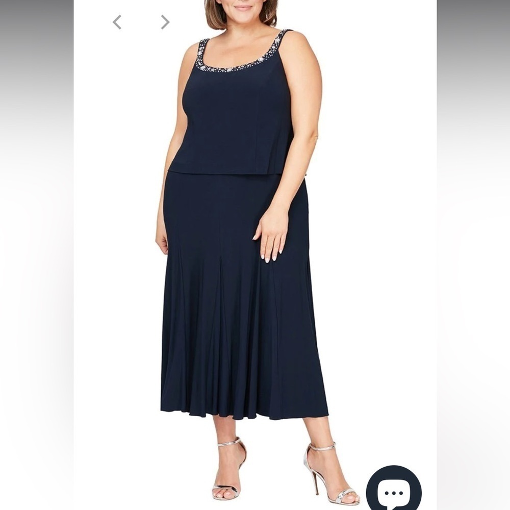 Alex Evenings Navy Formal Midi Dress Elegant Matte Jersey Beaded Trim Womens